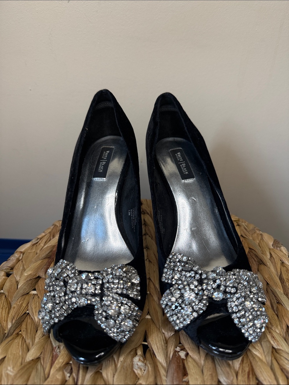 White House Black Market Black Peep-Toe Pumps with Crystal Bow